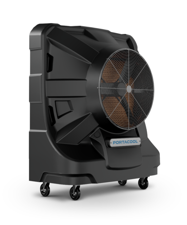 APEX™ 4000: Large black cylindrical fan with metal grille, wheeled for mobility, set against a plain black backdrop. Pinnacle of industrial cooling.