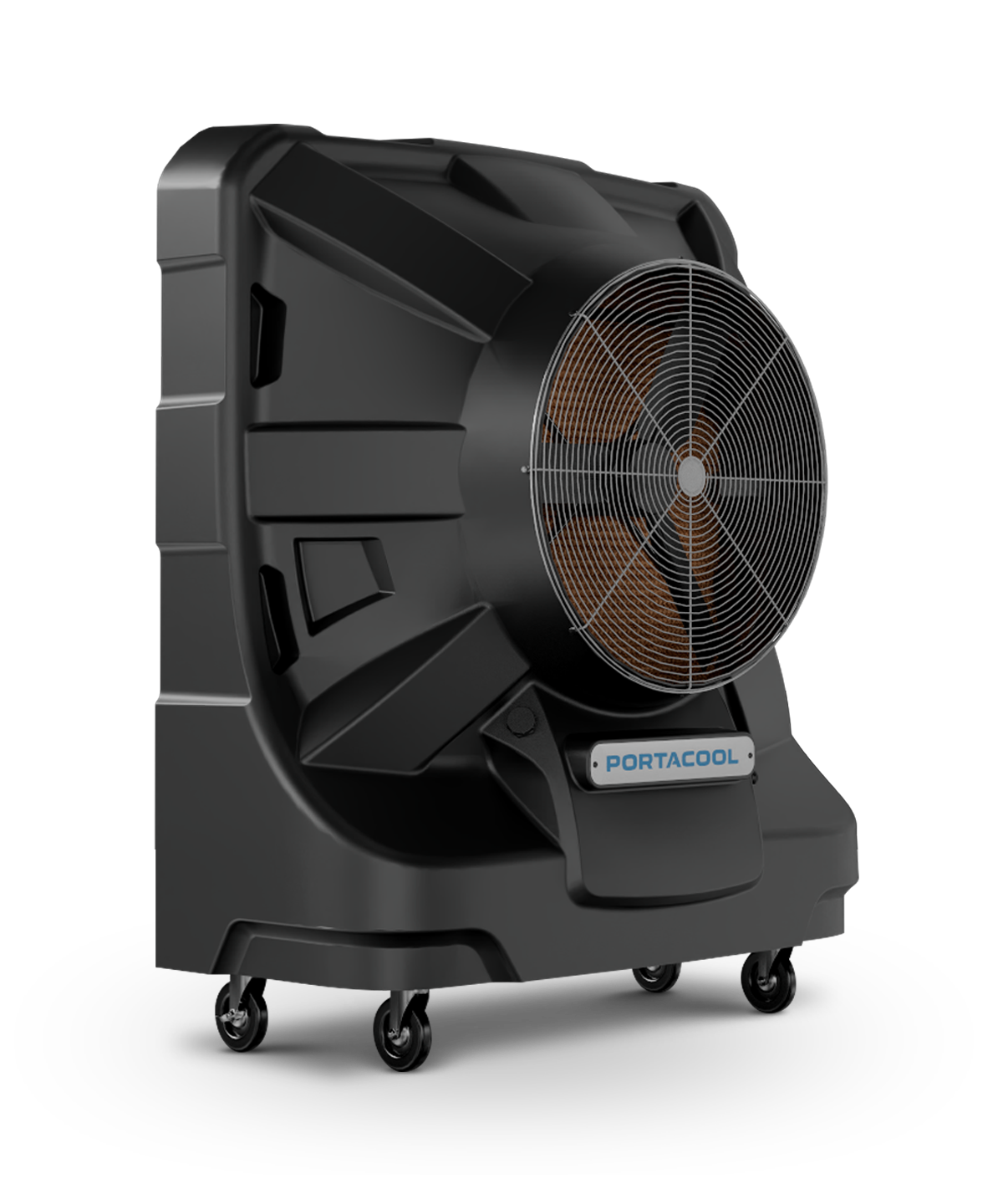 APEX™ 4000: Large black cylindrical fan with metal grille, wheeled for mobility, set against a plain black backdrop. Pinnacle of industrial cooling.