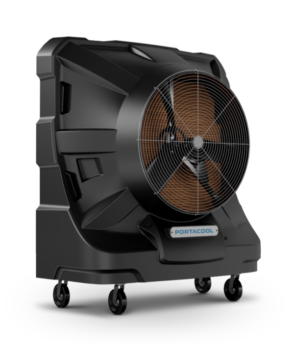 Black Apex 6500 evaporative cooler on wheels, angular design, against a plain backdrop.