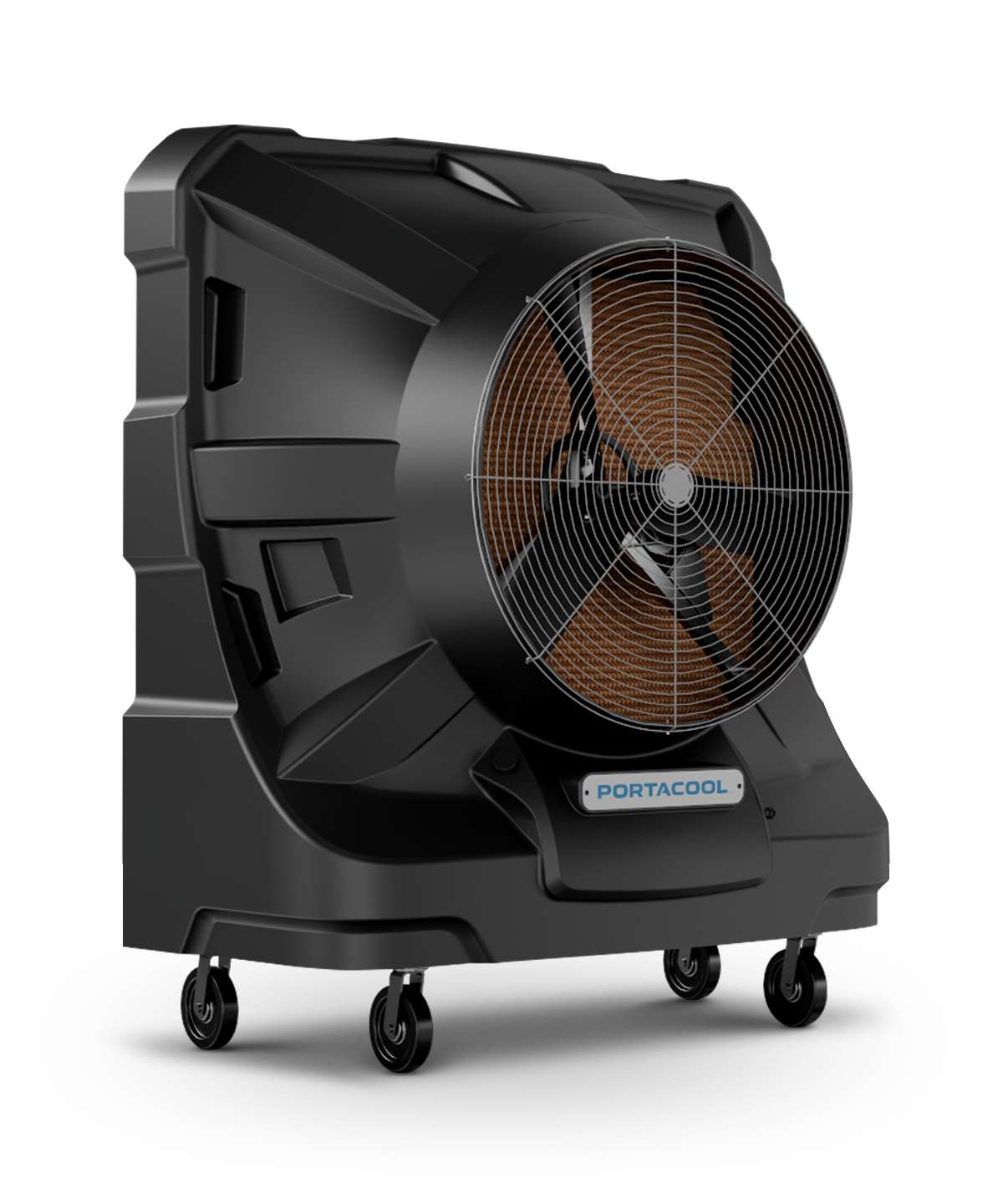 Black Apex 6500 evaporative cooler on wheels, angular design, against a plain backdrop.