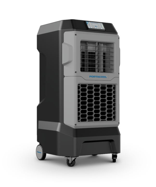 Apex 700 portable cooler: black and gray, wheeled, digital controls, hex vent, side grips for easy transport. Stylish evaporative cooling solution.