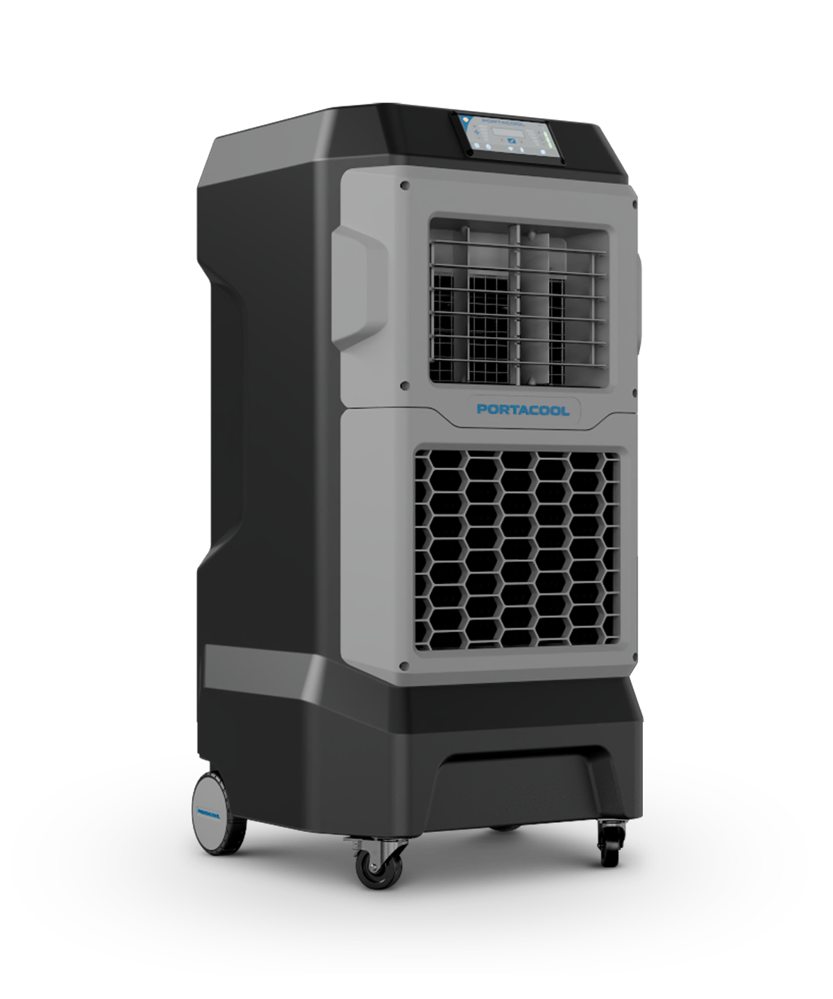 Apex 700 portable cooler: black and gray, wheeled, digital controls, hex vent, side grips for easy transport. Stylish evaporative cooling solution.