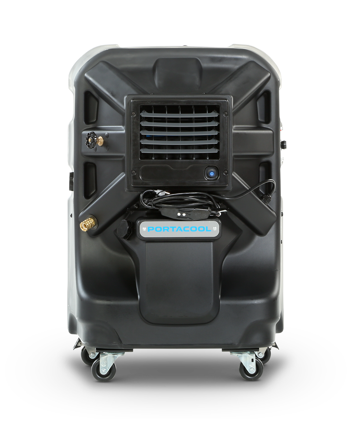 Jetstream 230: Black portable cooler with vented front, water connections, Portacool logo, and wheels for easy mobility in large spaces.