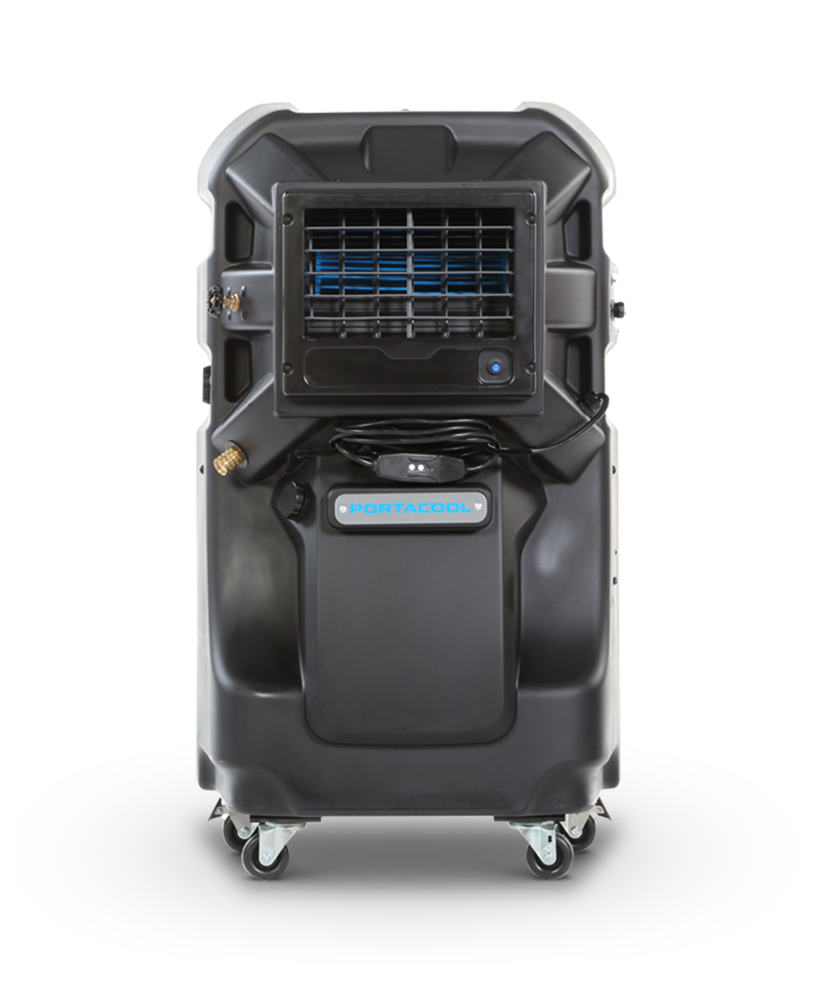 The Jetstream™ 220 is a portable black cooling unit with a rectangular vent, control panel, logo, wheels, and side hose attachment.