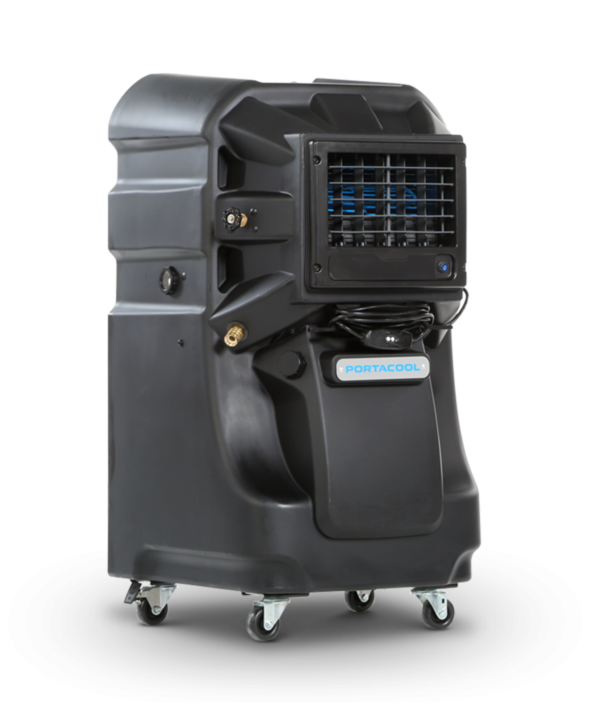 Jetstream 220: Black portable evaporative cooler with grill, control panel, and "Portacool" branding. Sleek, sturdy design on wheels.