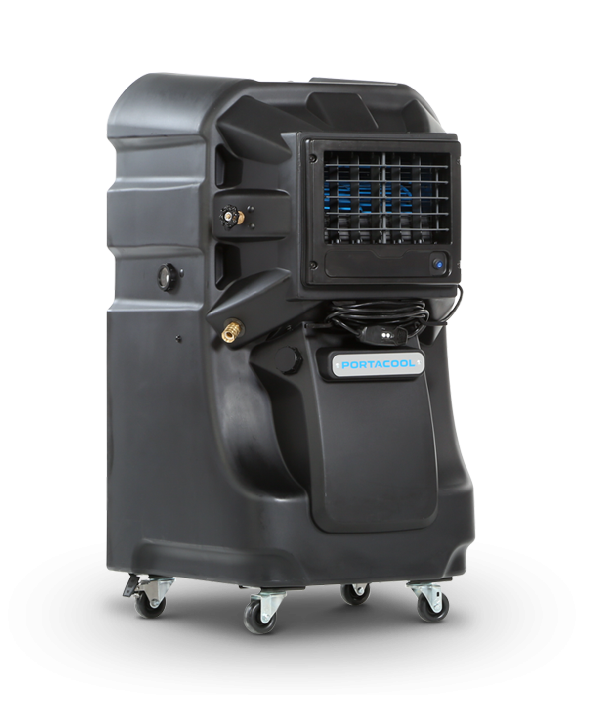 Jetstream 220: Black portable evaporative cooler with grill, control panel, and "Portacool" branding. Sleek, sturdy design on wheels.