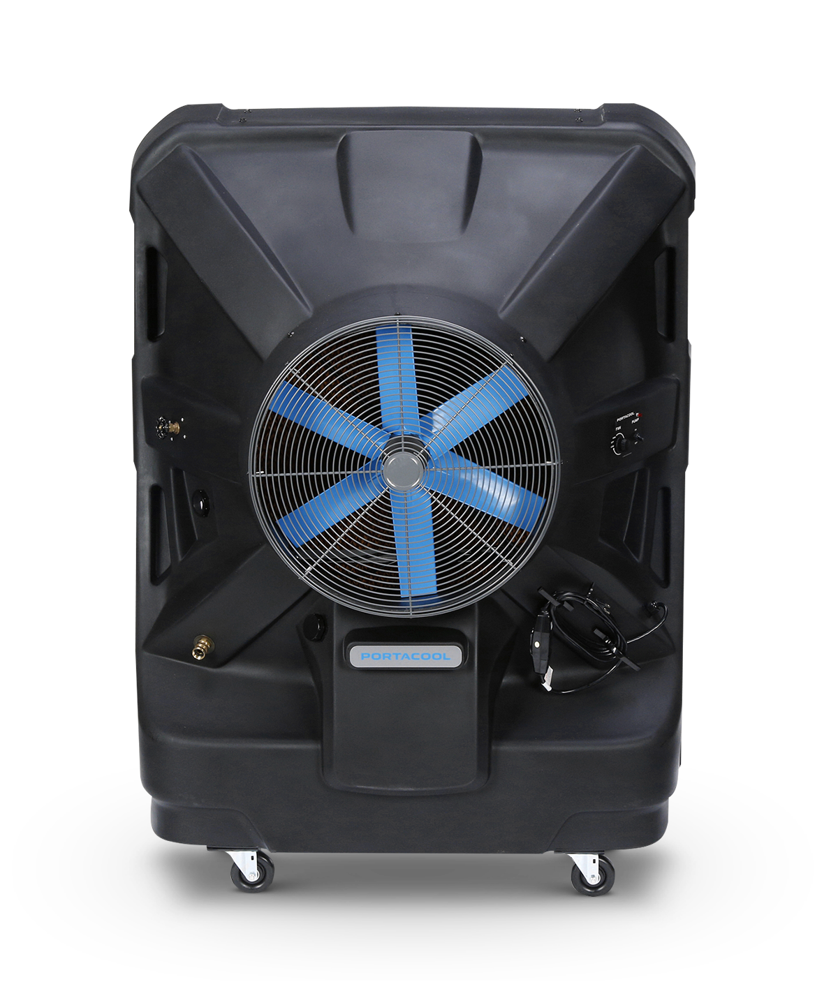 Large black Jetstream™ 250 evaporative cooler with a blue rotor on wheels; sleek design for versatile cooling.