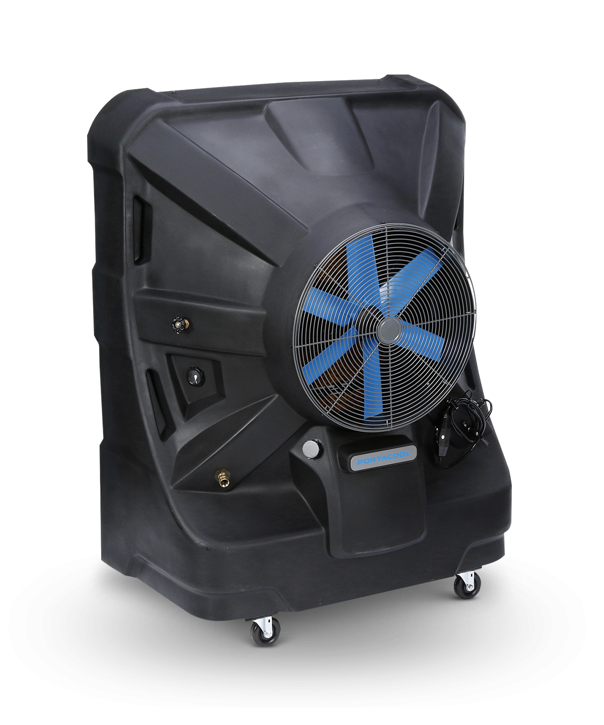 The Jetstream cooler has a sleek black design, blue blades, caster wheels, side vents, and a control panel for efficient cooling.