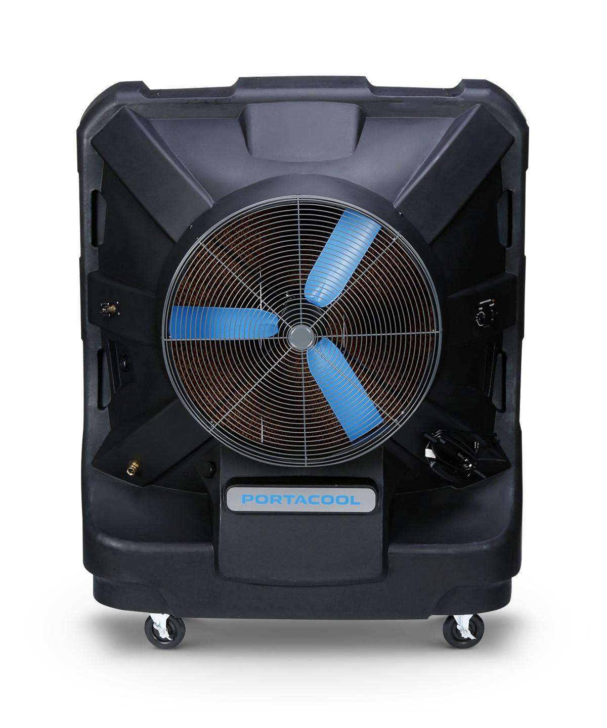 A large black Jetstream 260 evaporative cooler with a circular metal guard and blue blades on wheels against a black background.