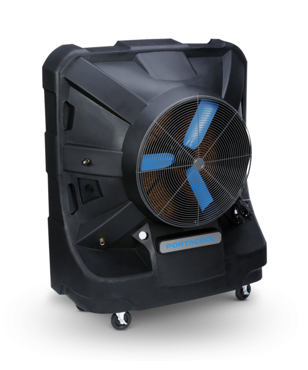 Jetstream 260 portable cooler: sleek black with blue blades, caster wheels for mobility; brand logo at bottom front.