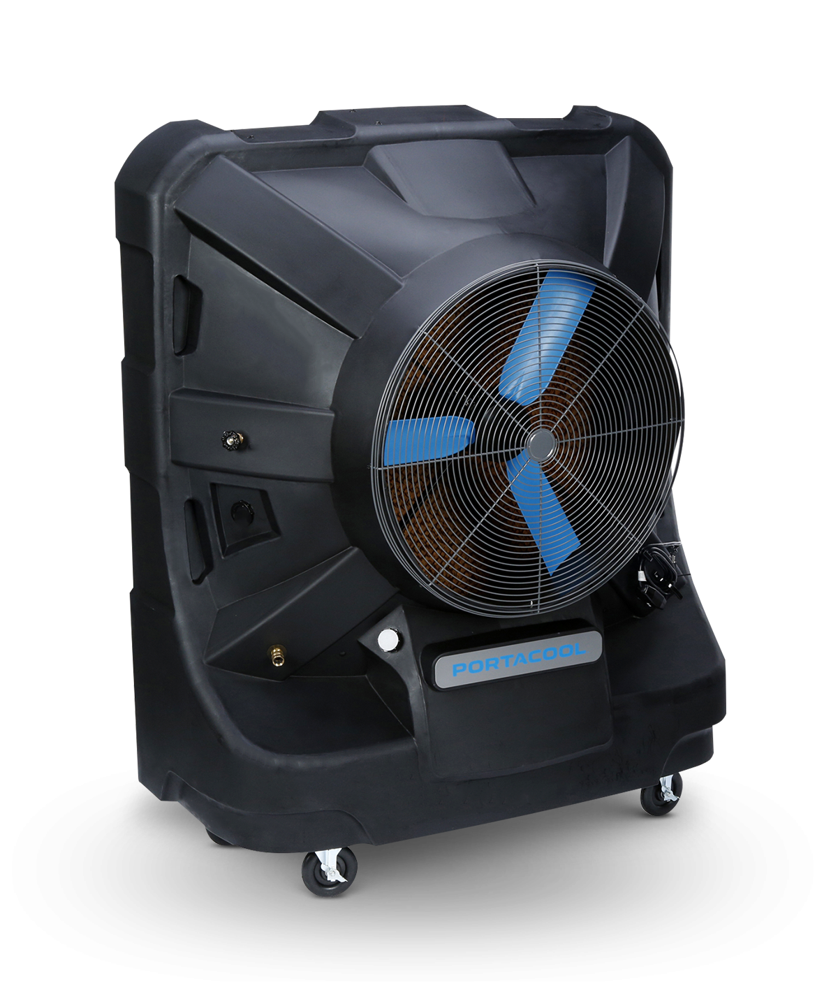 Jetstream 260 portable cooler: sleek black with blue blades, caster wheels for mobility; brand logo at bottom front.