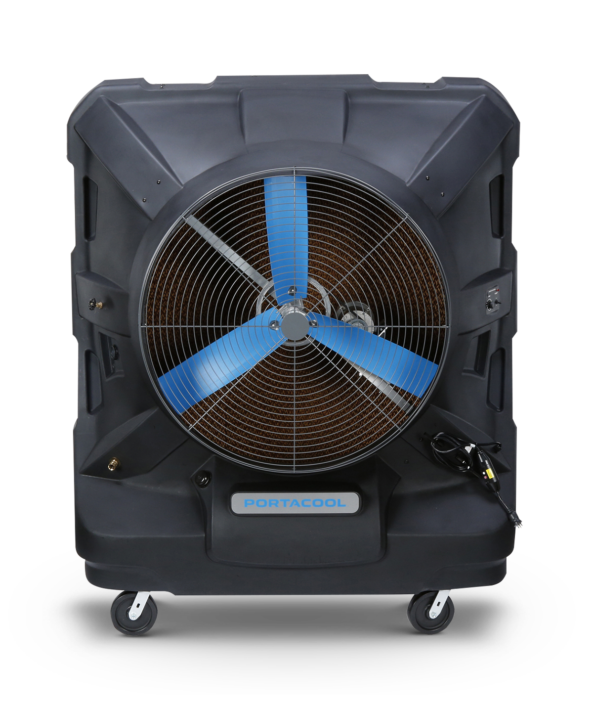 Jetstream™ 270: Large, portable cooler with sleek black frame, three blue blades, metal grill, wheels for mobility, visible power cord. Portacool branding.