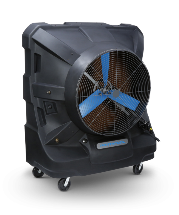 Jetstream™ 270: Large black cooler with blue blades, mounted on wheels, grid front, and a handle for mobility.