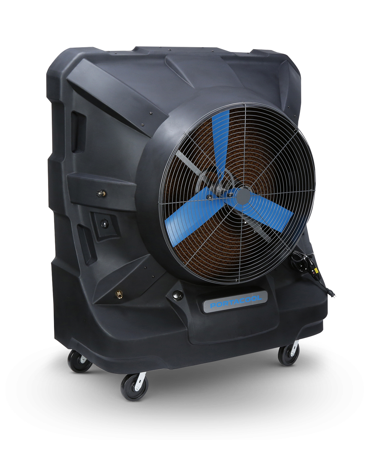 Jetstream™ 270: Large black cooler with blue blades, mounted on wheels, grid front, and a handle for mobility.