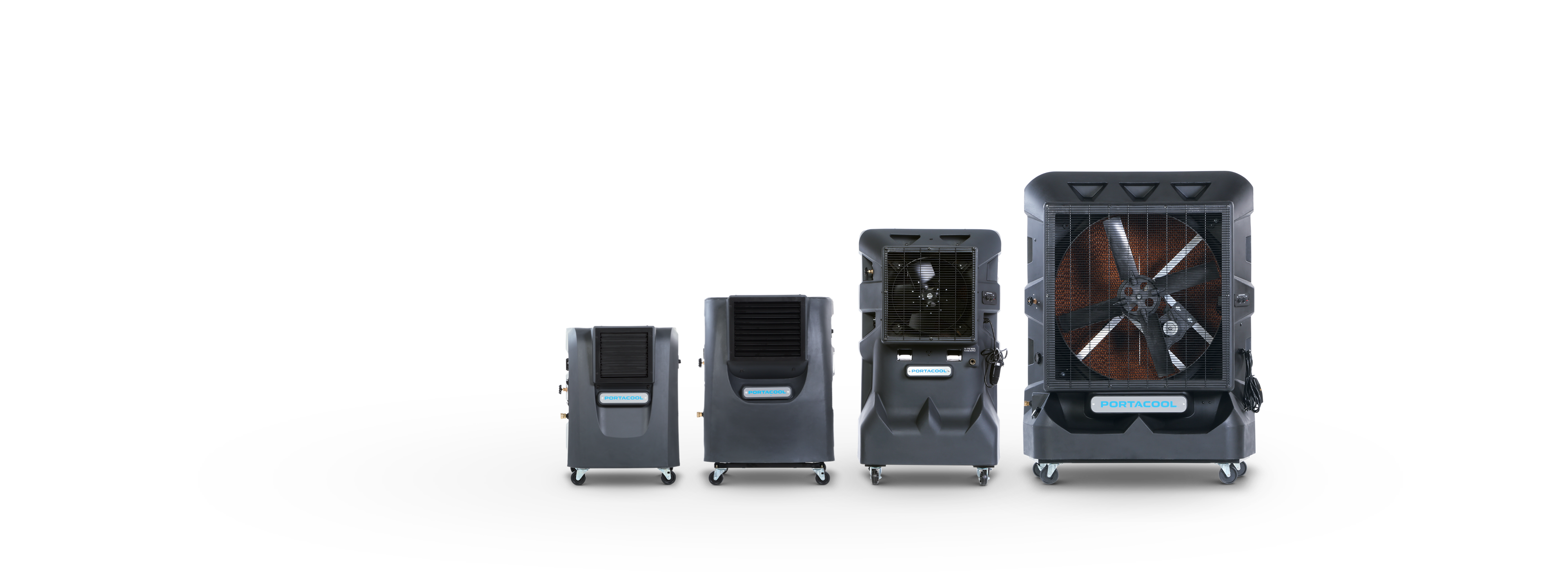 Four Cyclone portable coolers, from smallest to largest, with wheels and sleek gray exteriors. White background highlights their compact design.