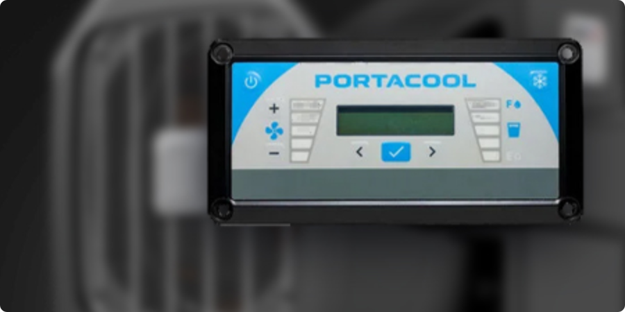 Portacool next to smartphone app showing settings: fan speed, pump speed, louvers, temp 83.5°F, status cooling.