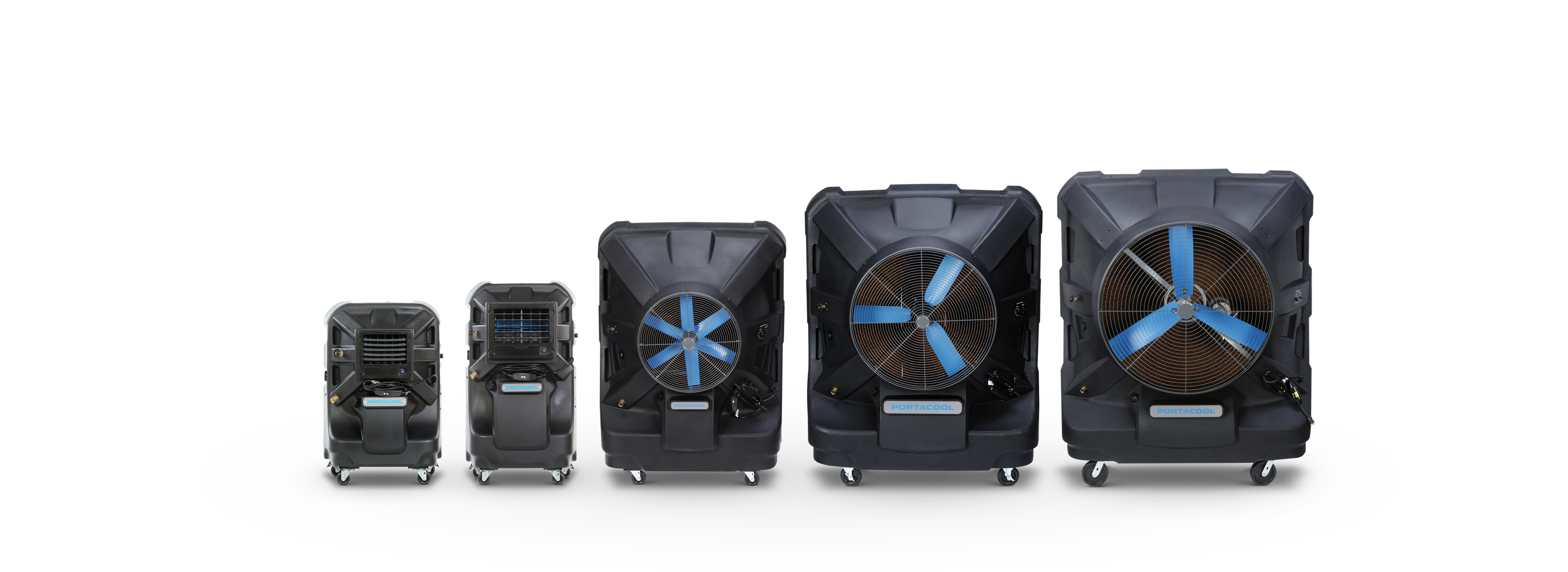 A row of five black portable Jetstream cooling units on wheels, increasing in size from left to right, against a white background.