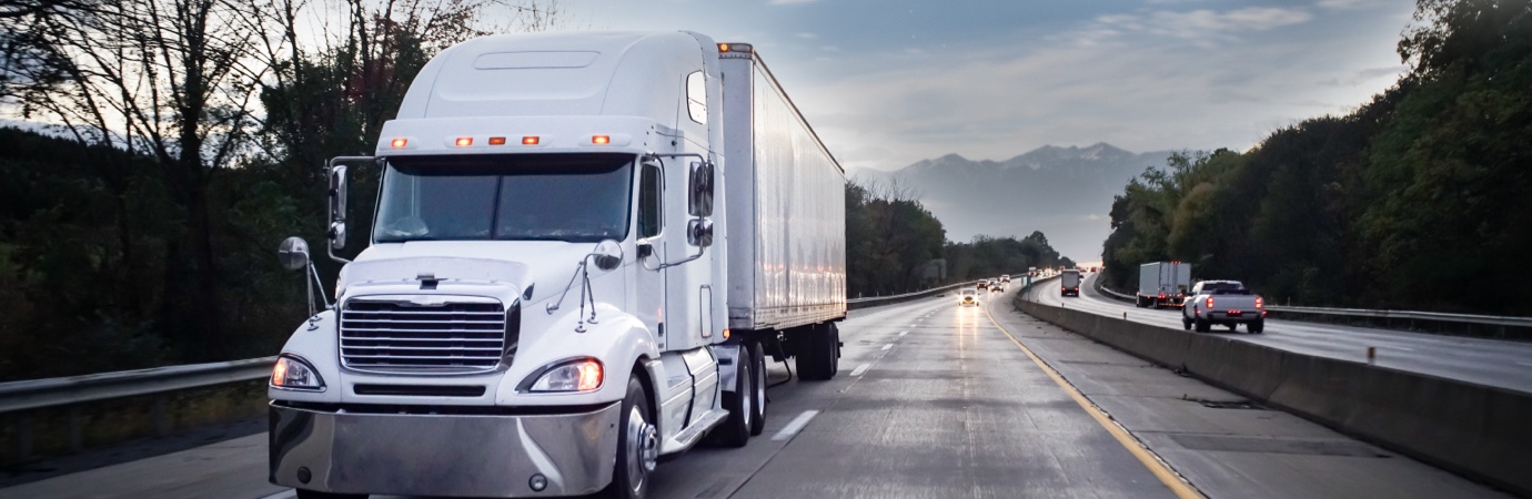 A white semi-truck drives on a damp highway through trees.