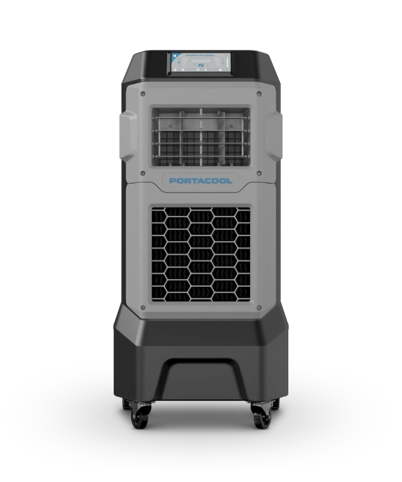 Gray and black portable evaporative cooler on wheels with ventilation and control panels. "Portacool" brand name visible on front.