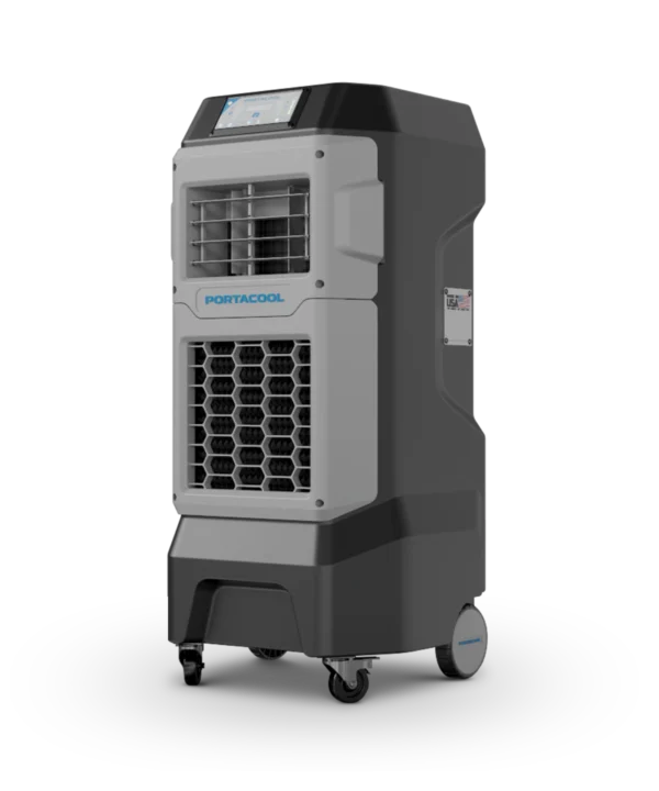 Portable evaporative cooler on wheels, black with gray panels, front vent, and top control panel labeled "Portacool.