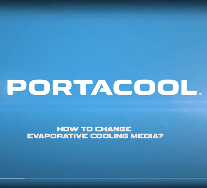 Blue screen with "PORTACOOL" in white text and "How to Change Evaporative Cooling Media?" guiding on media change.