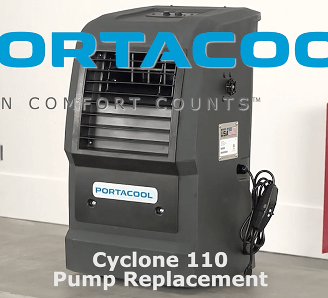 A sleek black cooler with "PORTACOOL" branding and "Cyclone 110 Pump Replacement" text, set against a backdrop with a "IN COMFORT COUNTS" logo.