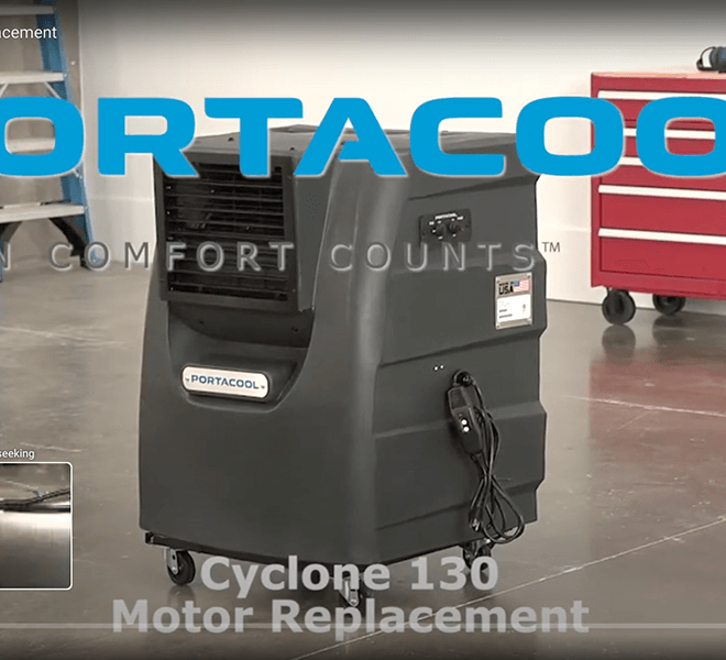 Workshop with Cyclone 130 evaporative cooler labeled "PORTACOOL," red tool chest on wheels, and concrete floor. Text: "Motor Replacement.