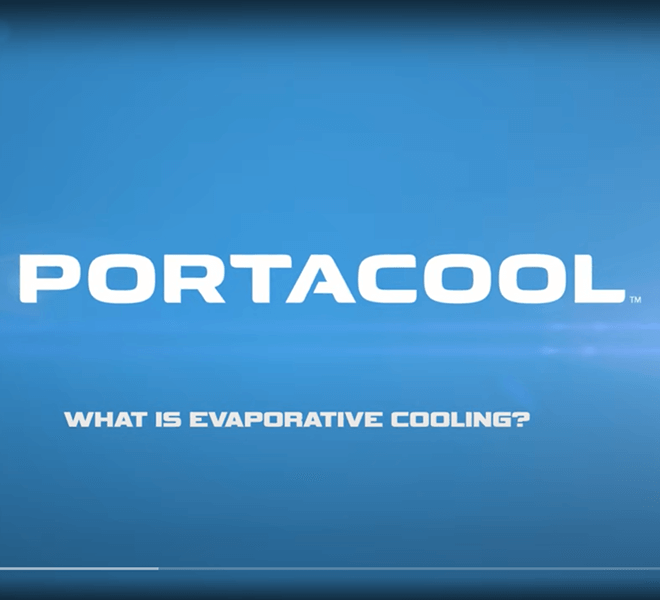 Blue background with white text: "PORTACOOL" and "What is Evaporative Cooling?" offering a cooling overview.