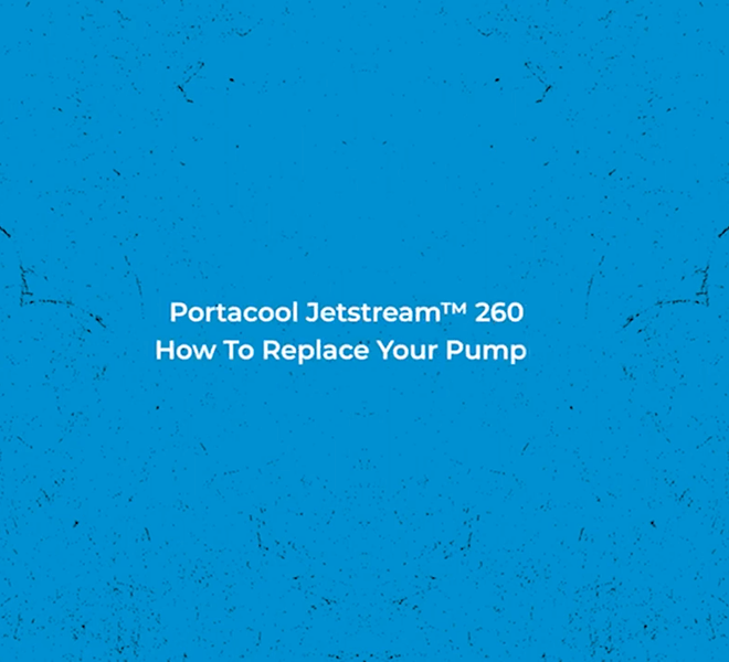 Blue background with "Portacool Jetstream™ 260: How To Replace Your Pump" in white text. Textured design enhancing pump replacement guide.