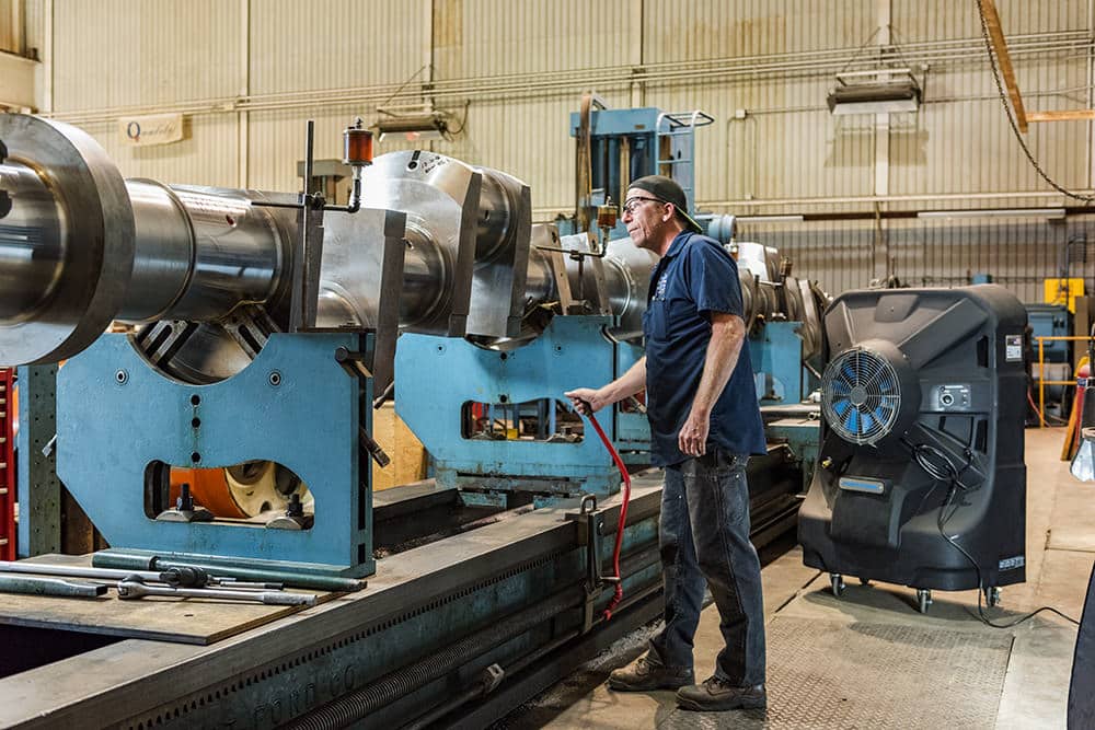 Industrial machining and metalwork at Washington Iron Works using portable air chiller units to keep the employees comfortable.