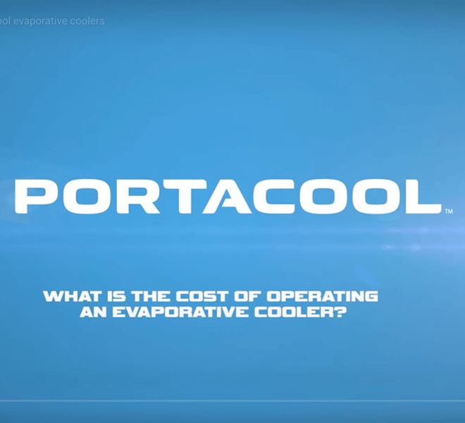 Blue background with "PORTACOOL" text in white, asking about portable evaporative cooler operational costs.