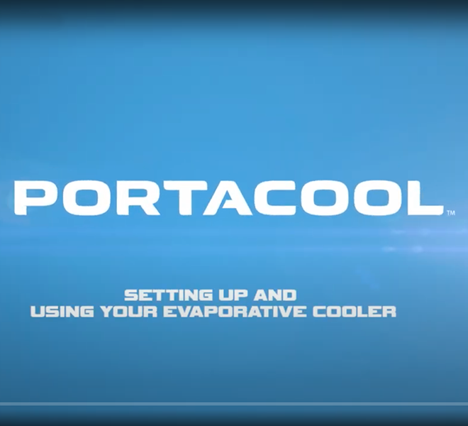 A blue screen reads "PORTACOOL" in bold white, with "Setting Up and Using Your Portable Evaporative Cooler" scripted below.