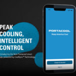 Smartphone displaying the Portacool app with "Keep America Cool," Text highlights CoolSync Technology, the Portacool App.