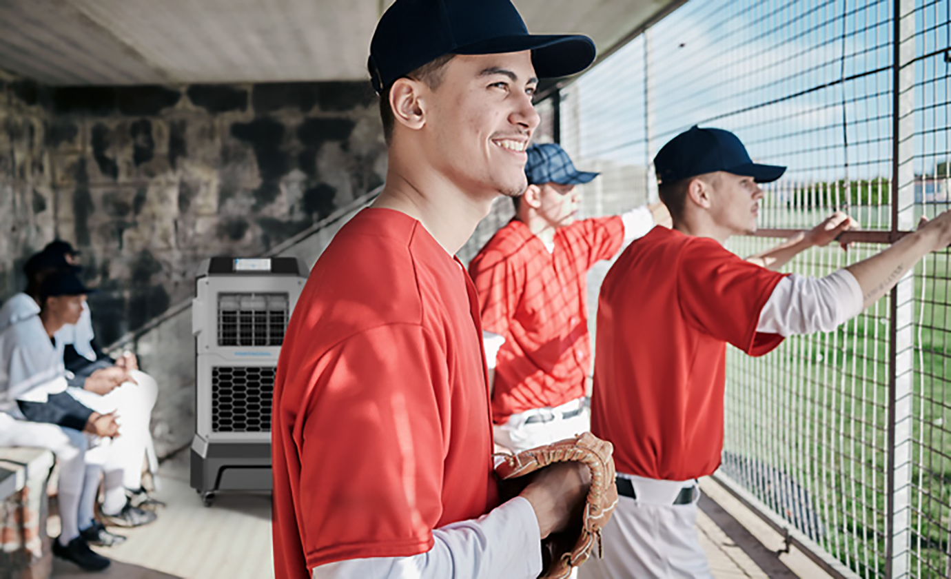 Baseball players smile from their cool and comfortable dugout thanks to the powerful outdoor air cooler.