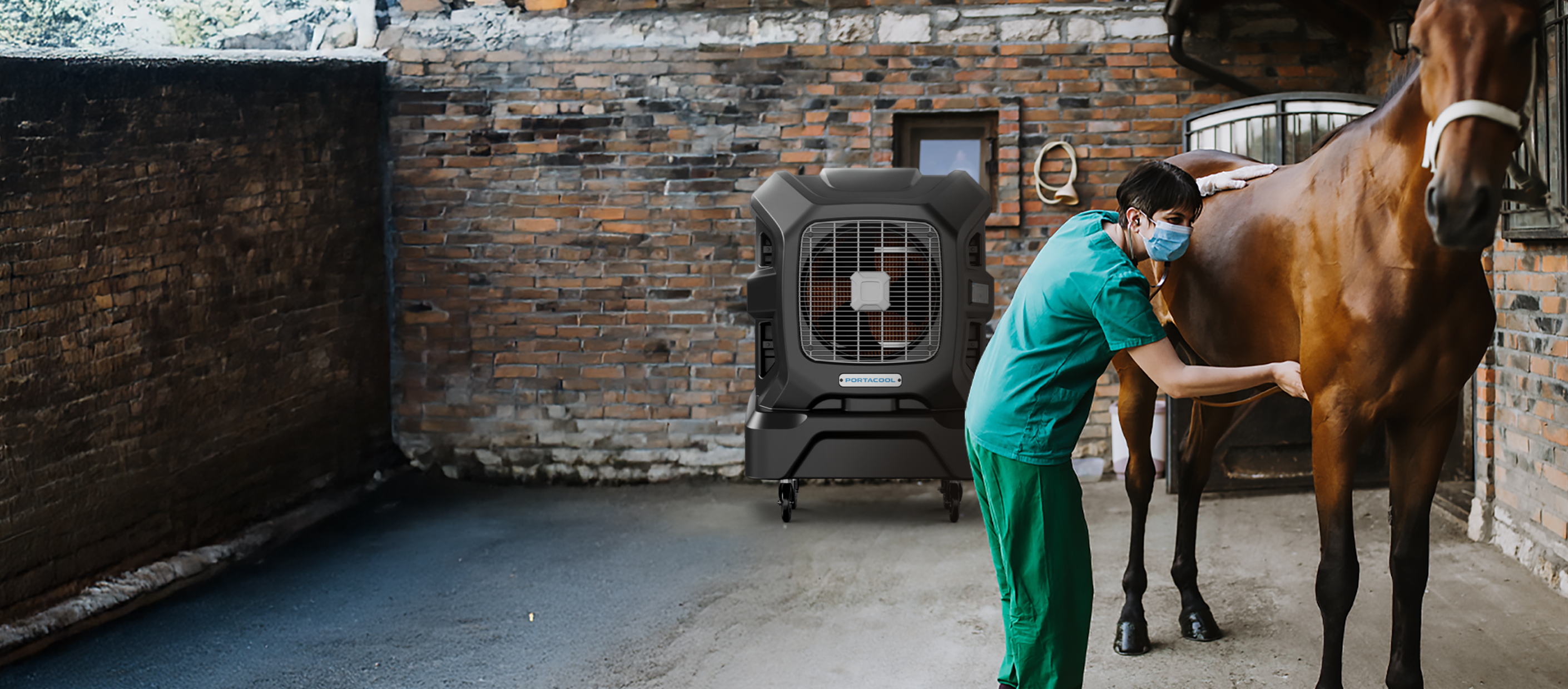 A vet in green scrubs and face mask examines a brown horse outside, demonstrating expertise in large animal care. The horse and vet are comfy with evaporative cooling.