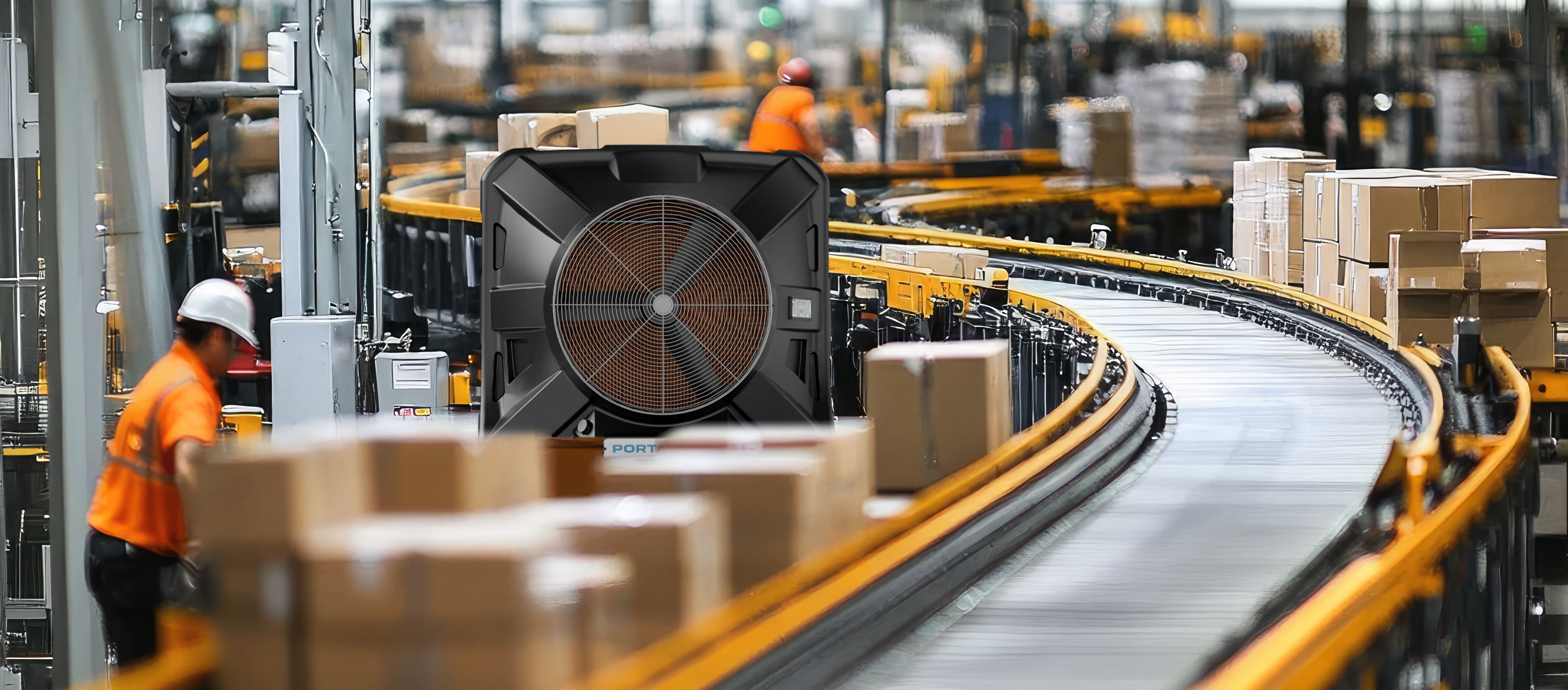 A busy warehouse with conveyor belts moving cardboard boxes. Workers in orange vests and helmets monitor the sorting and distribution process.