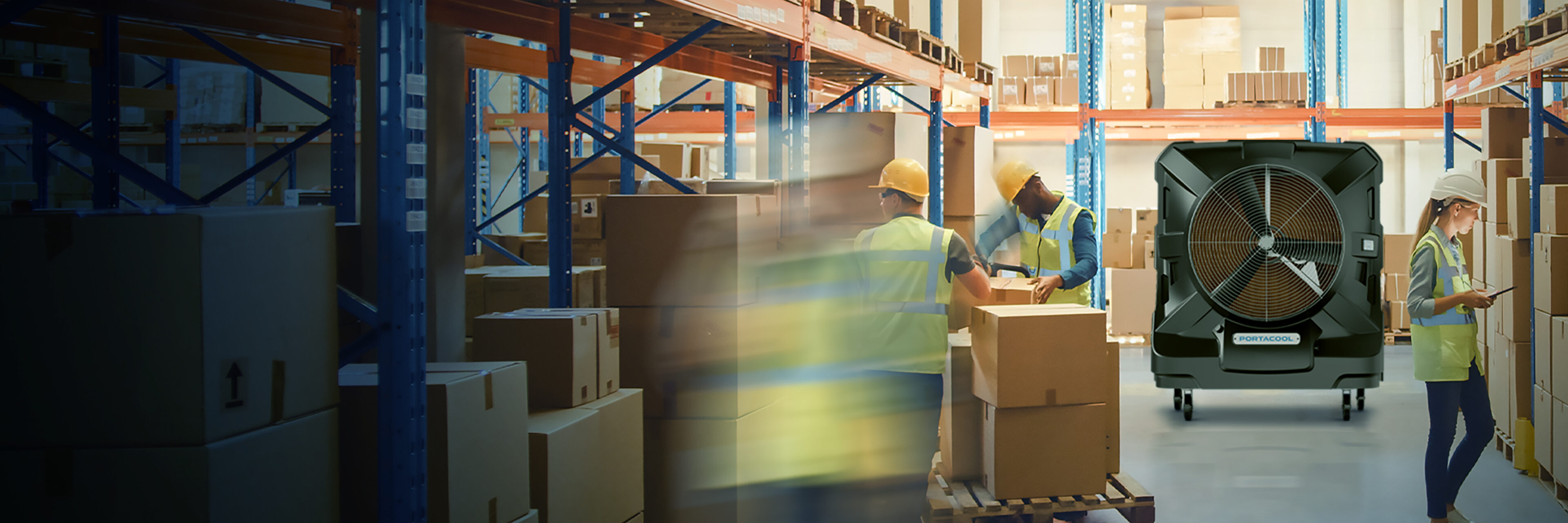 Warehouse workers in helmets and vests organize boxes; one worker uses a tablet.