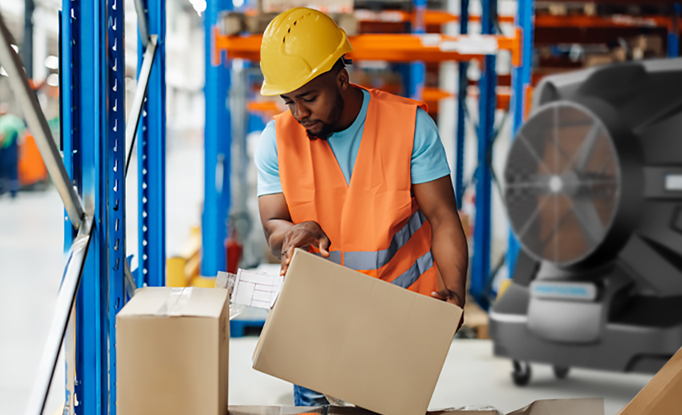 Worker in orange vest and hard hat handles a box in warehouse with shelving units stacked with more boxes.