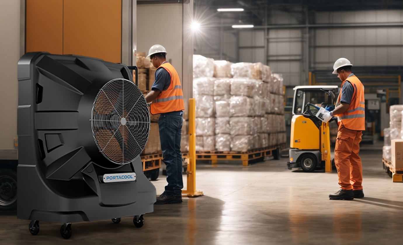 Two workers in safety gear are in an industrial warehouse. One drives a forklift, and the other reads a clipboard with wrapped goods stacked nearby.