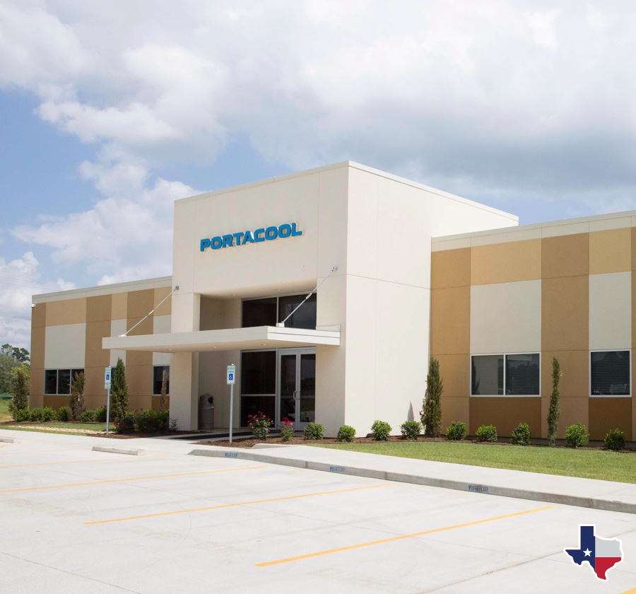 Center Campus Portacool building with large windows, central entrance, and landscaped area; Texas silhouette in the bottom right.