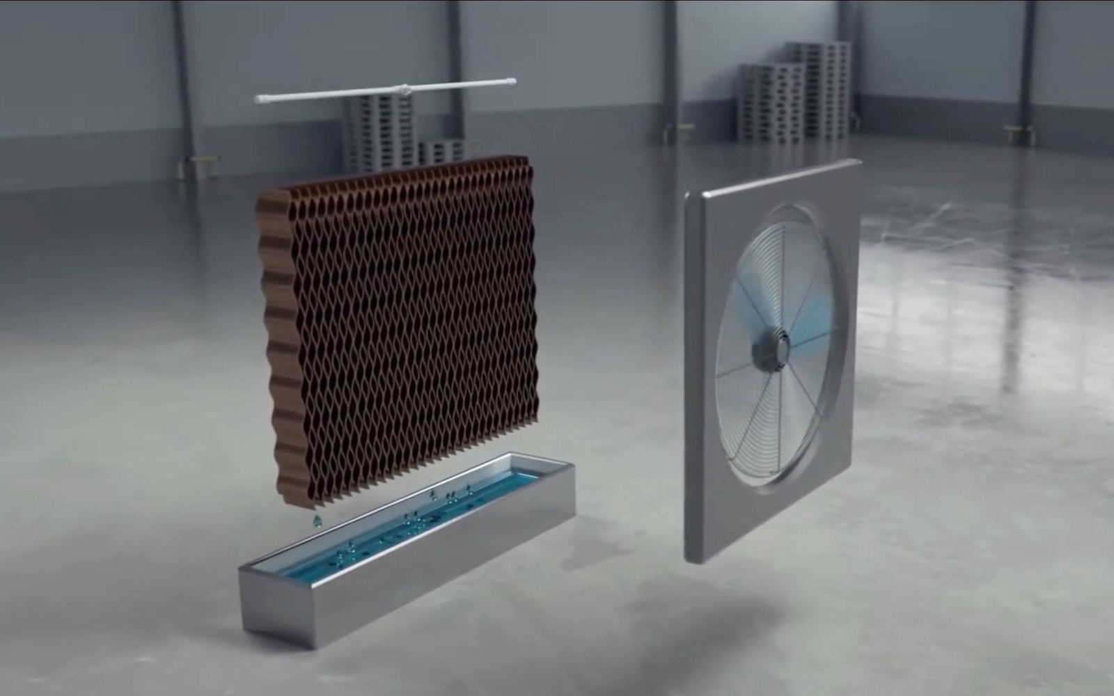 Rendered image of an evaporative cooling system: honeycomb pad with water basin and a large metallic Portacool, on a reflective floor with metal bars.