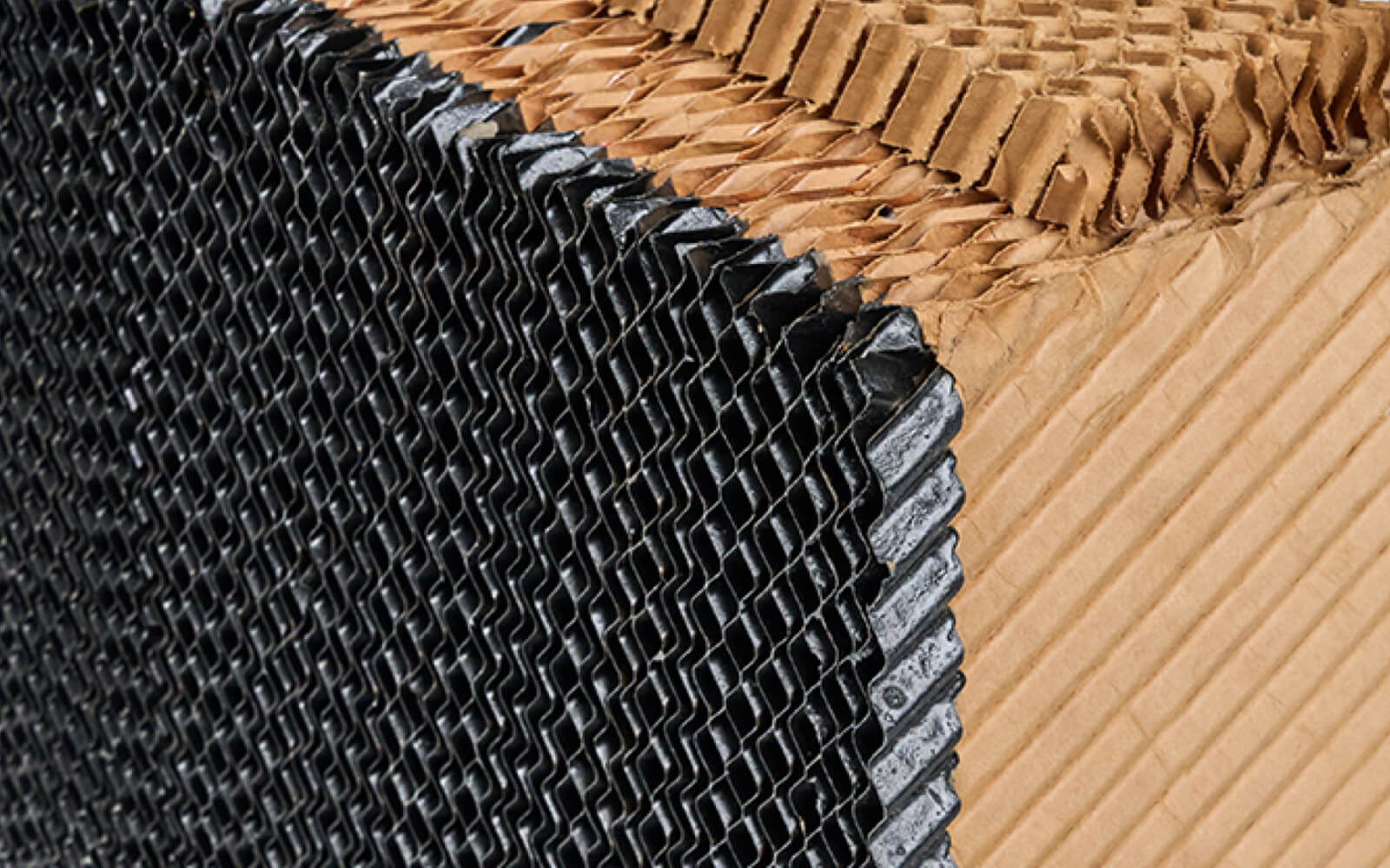 Close-up of a textured brown honeycomb pattern, resembling evaporative cooling material with its wavy, intricate design creating depth and complexity.