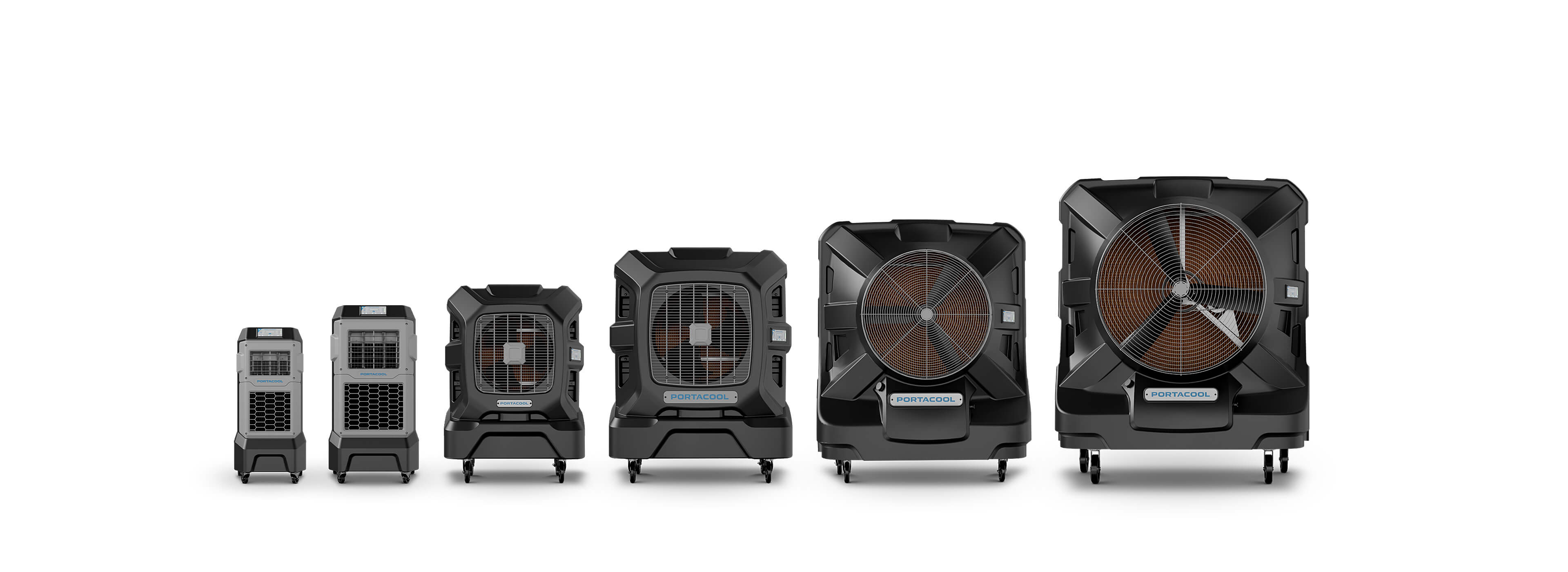 A lineup of six portable coolers on wheels, from smallest to largest, with black and gray exteriors and control panels against a white background.