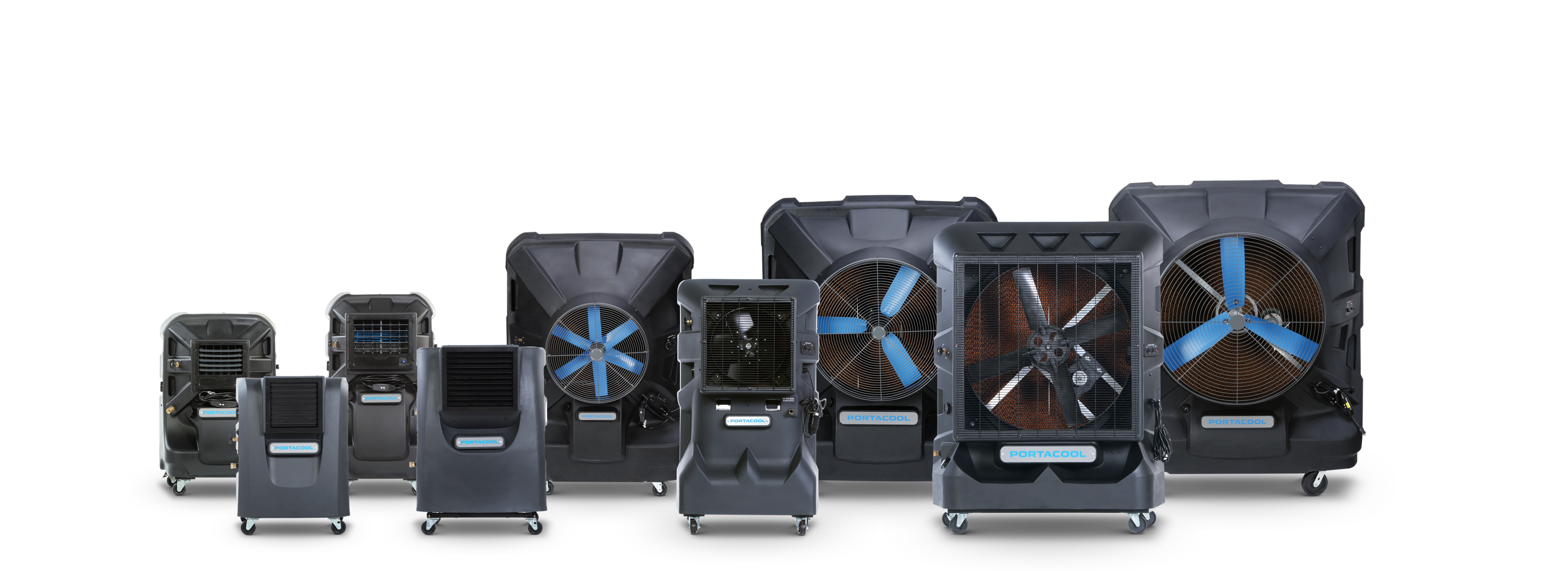 Five portable legacy evaporative coolers in sleek black and gray, shown from smallest to largest, on a white background.