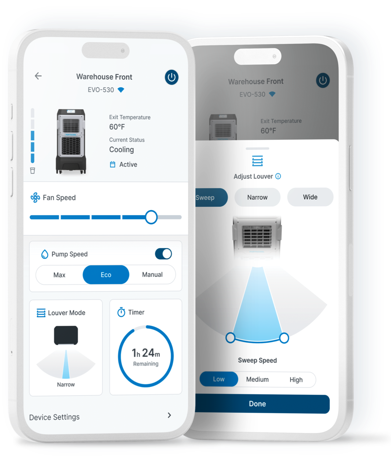 Two smartphones display CoolSync Technology, the Portacool app. Shows settings for pump speed, louver mode, temperature, and sweep speed.