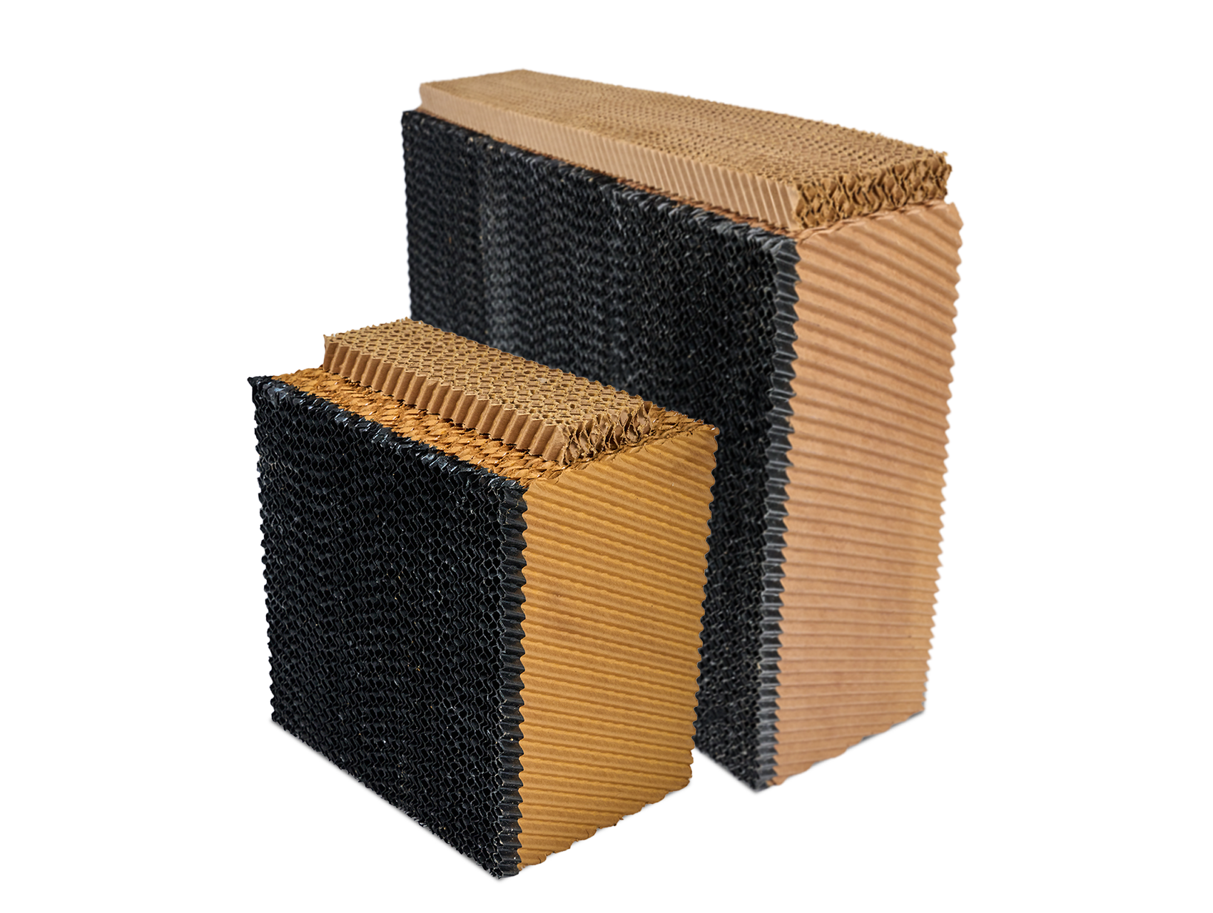 Two HydroTek evaporative media blocks, one larger, with honeycomb tops and ribbed sides in natural brown and black.