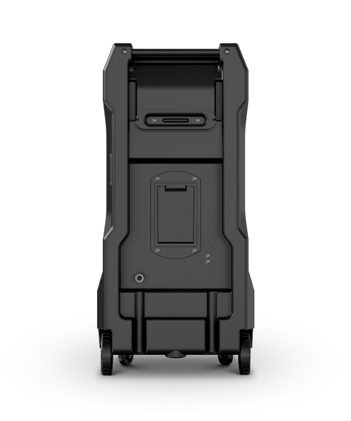 High tech, durable black housing with wheels and a futuristic design, featuring a rectangular compartment, panels, buttons, and handles against a black background.