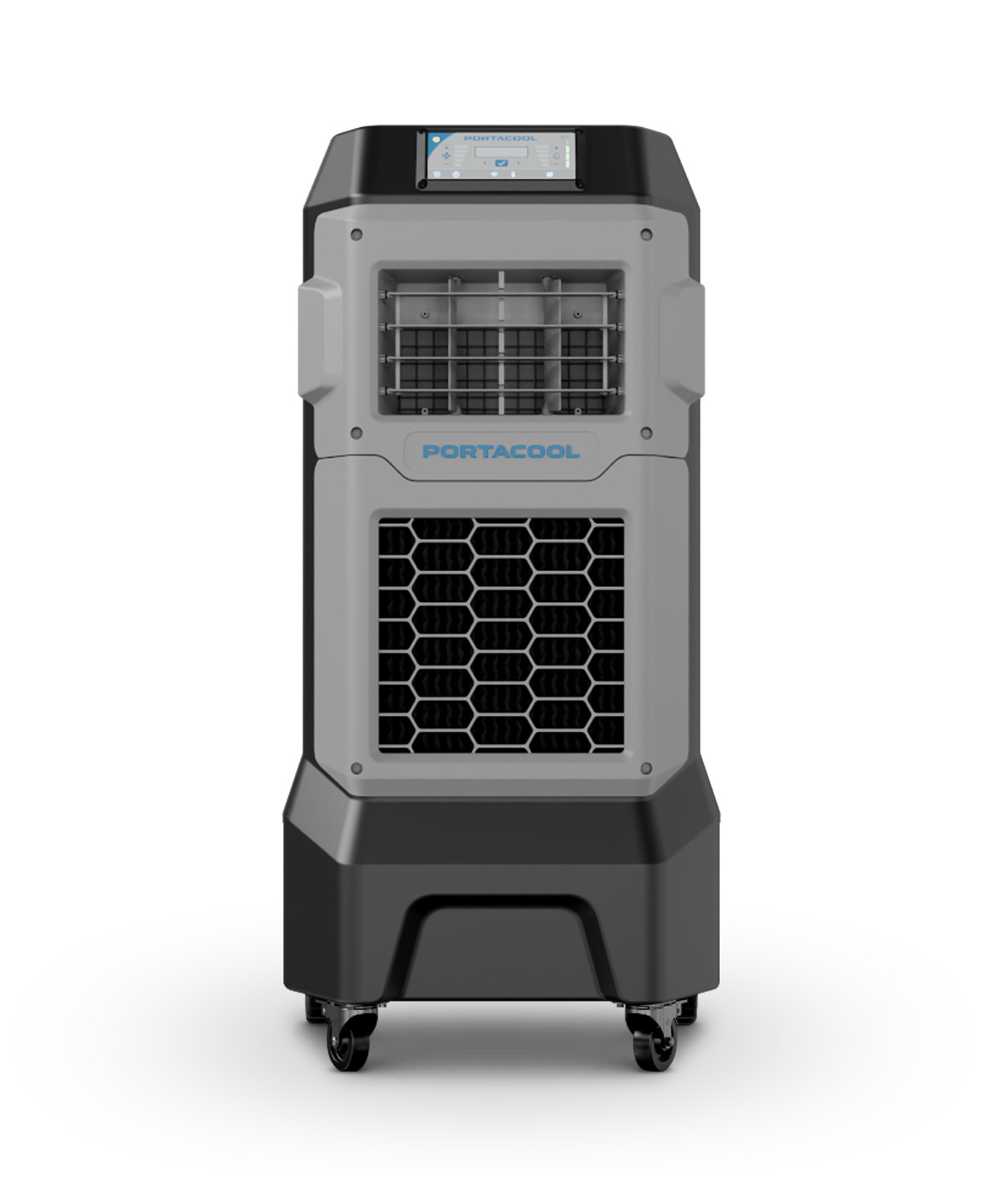 Gray and black portable evaporative cooler with digital display, middle vent, large grid intake at the bottom, and Portacool label. Wheels for mobility and a robust control panel.