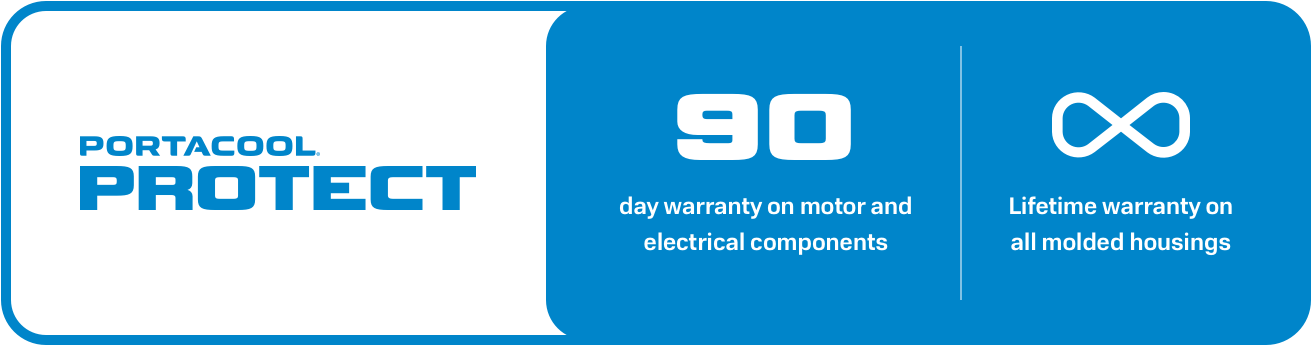 Warranty details: 90-day for motor and electrical components on the left, lifetime for molded housings with an infinity sign on the right. Blue and white design.