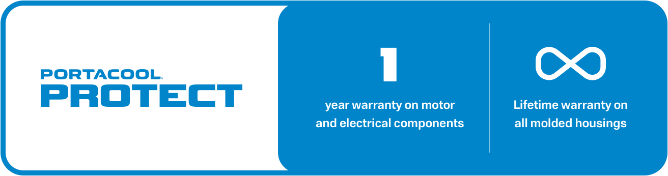 A graphic highlighting the Portacool Protect: a "1" for a one-year warranty on motor/electrical parts and an infinity symbol for housing lifetime warranty.